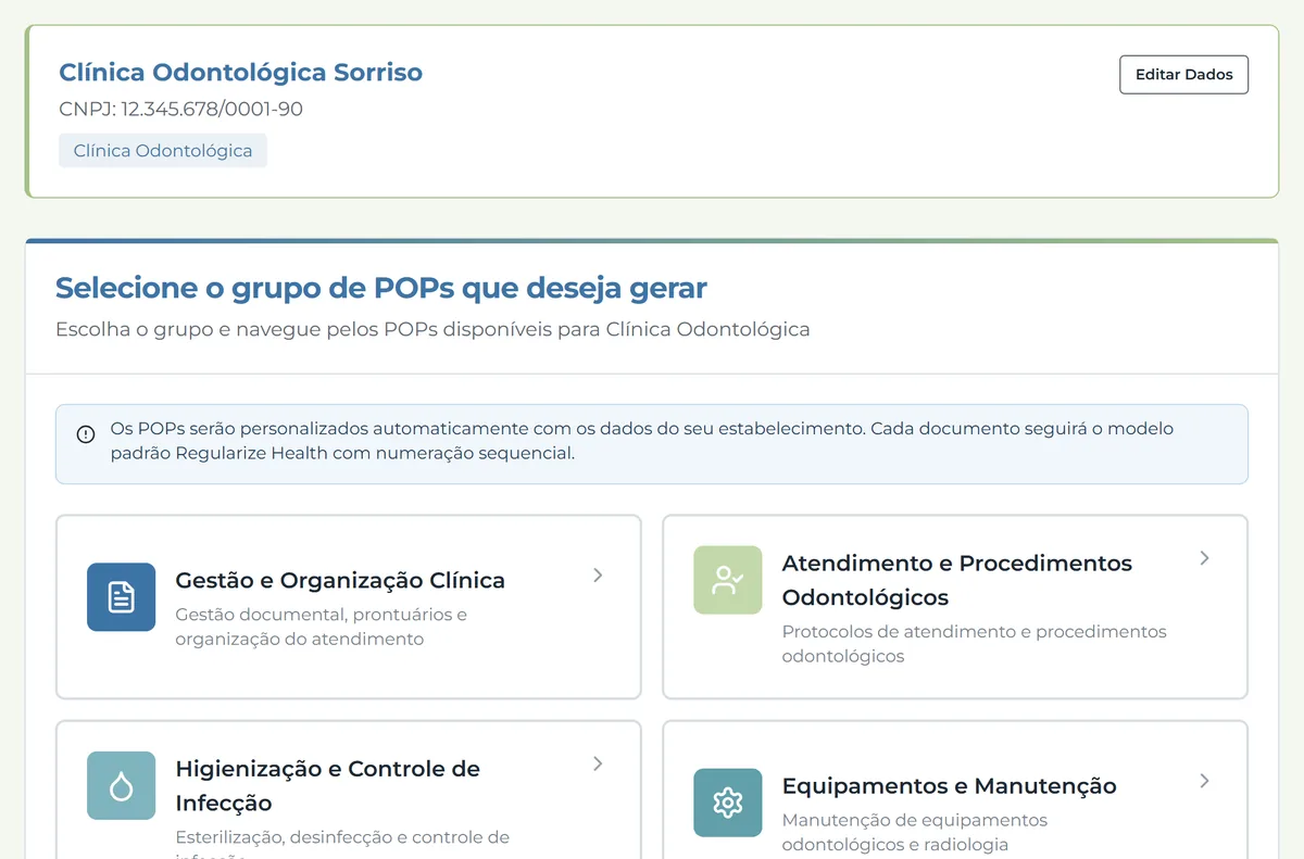 Tela de POPs do Emdia com os grupos de procedimentos da clínica odontológica