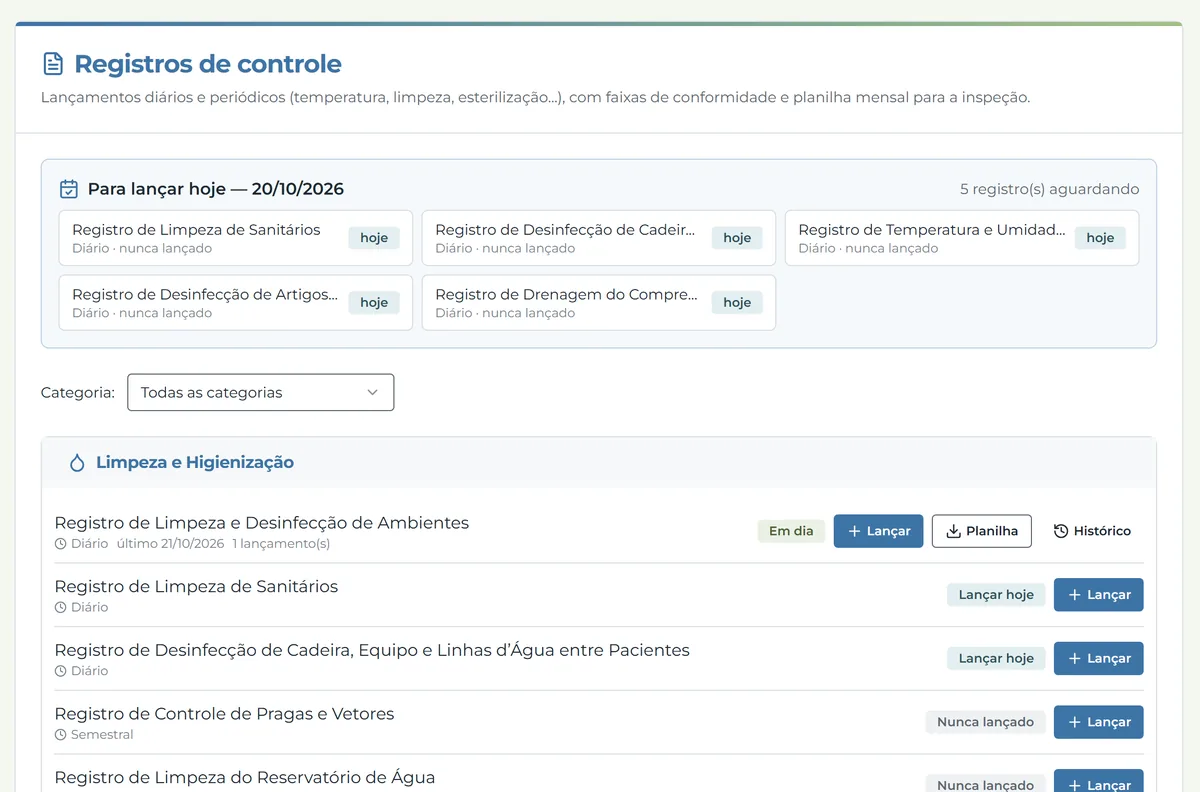 Registros de controle do Emdia com os lançamentos de limpeza e esterilização do dia