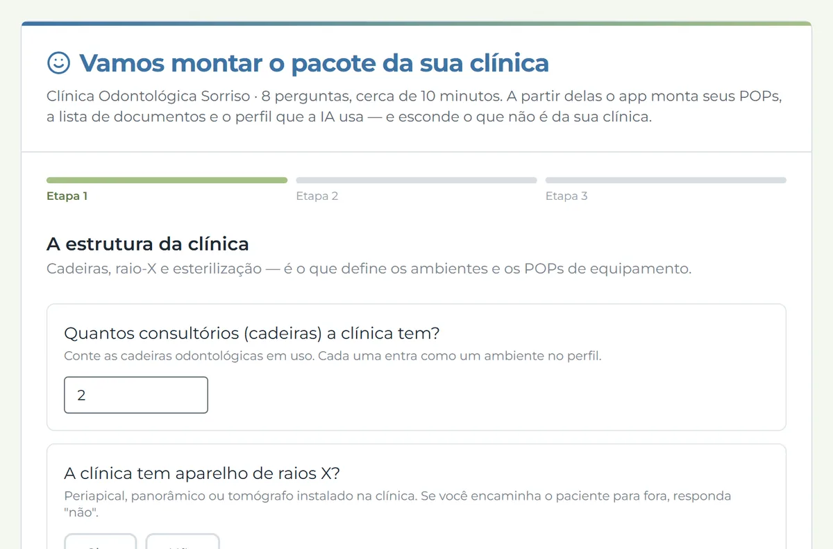 Roteiro odontológico do Emdia com as perguntas sobre consultórios, raio-X e esterilização