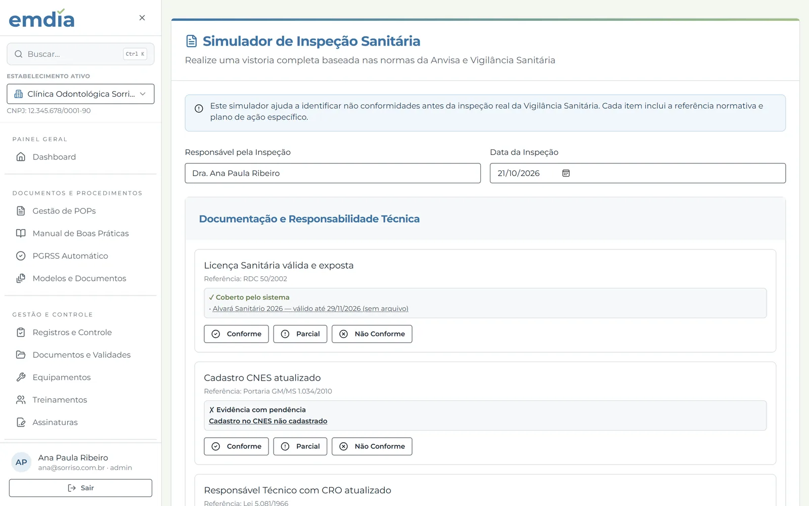Simulador de inspeção sanitária com os itens do roteiro do fiscal e a norma de cada um